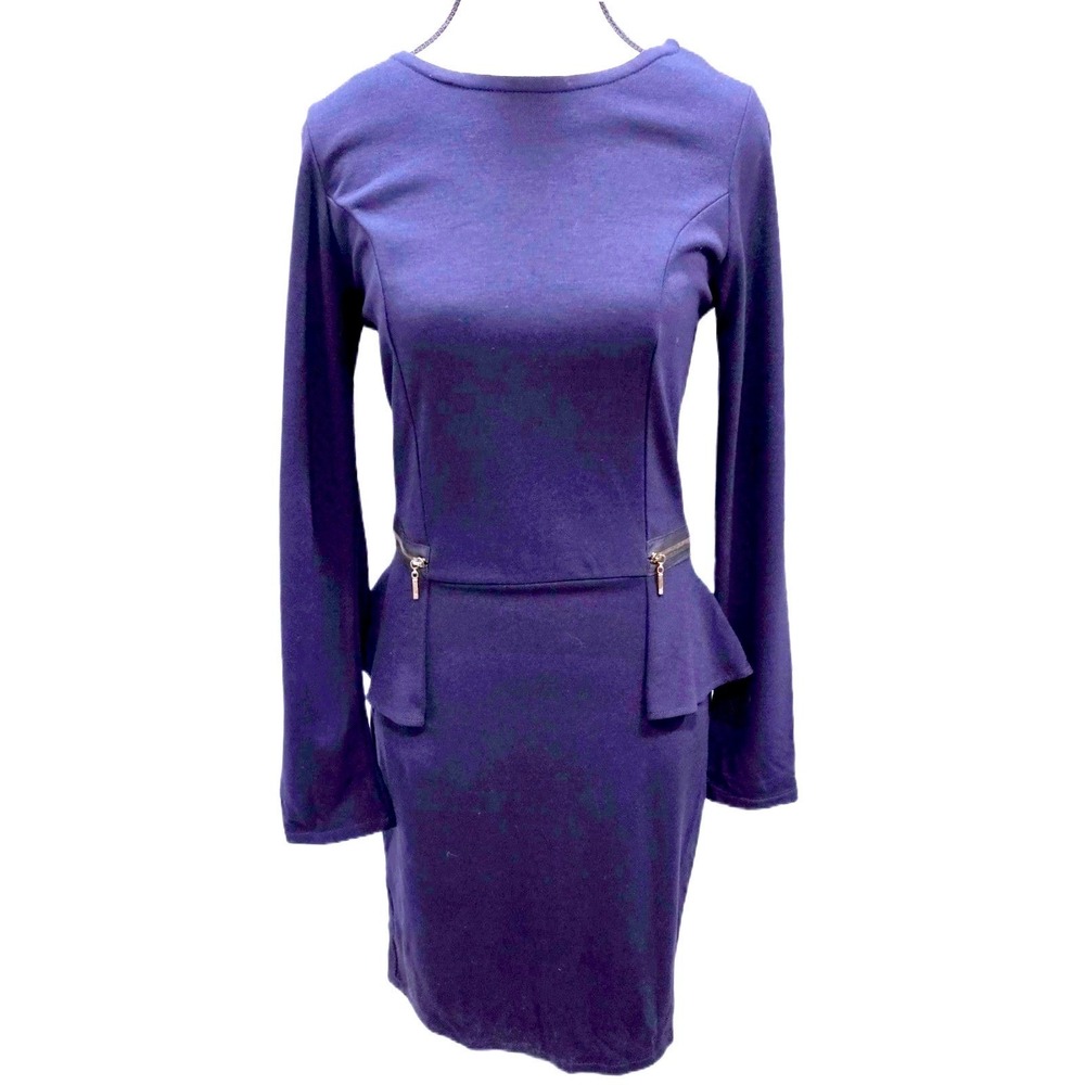 MOE Prestige Navy Blue Peplum Sheath Dress Gold Zippers Sz L fits S Office Siren